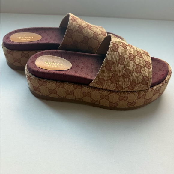 Gucci Angelina Maxi GG Platform Slide Camel & dark brown maxi canvas 2.2 inches - Picture 1 of 6